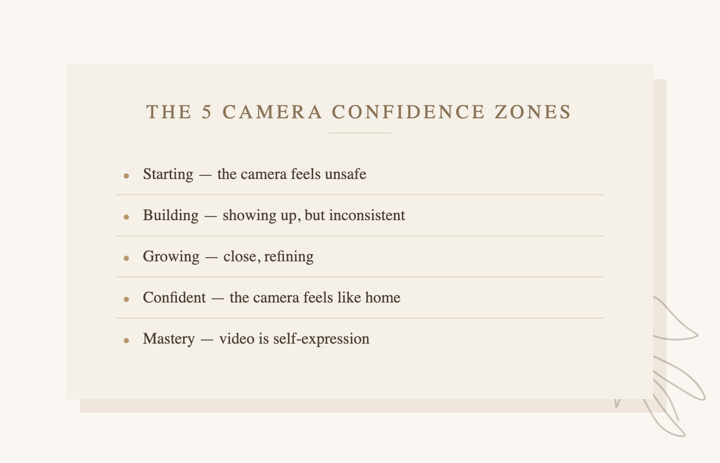 List of the five camera confidence zones from Starting to Mastery