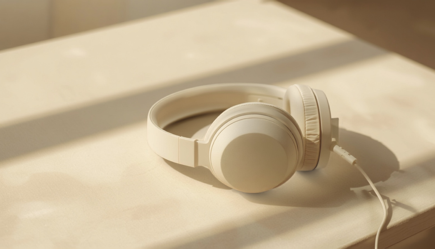 Cream headphones on a sunlit desk — learning to listen to your own voice kindly