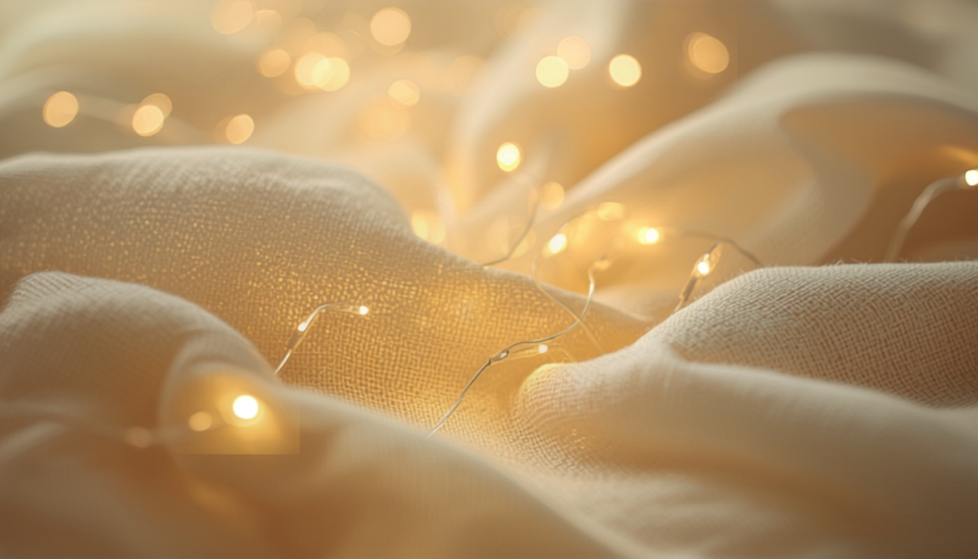 Warm fairy lights glowing on linen — live has its own warmth
