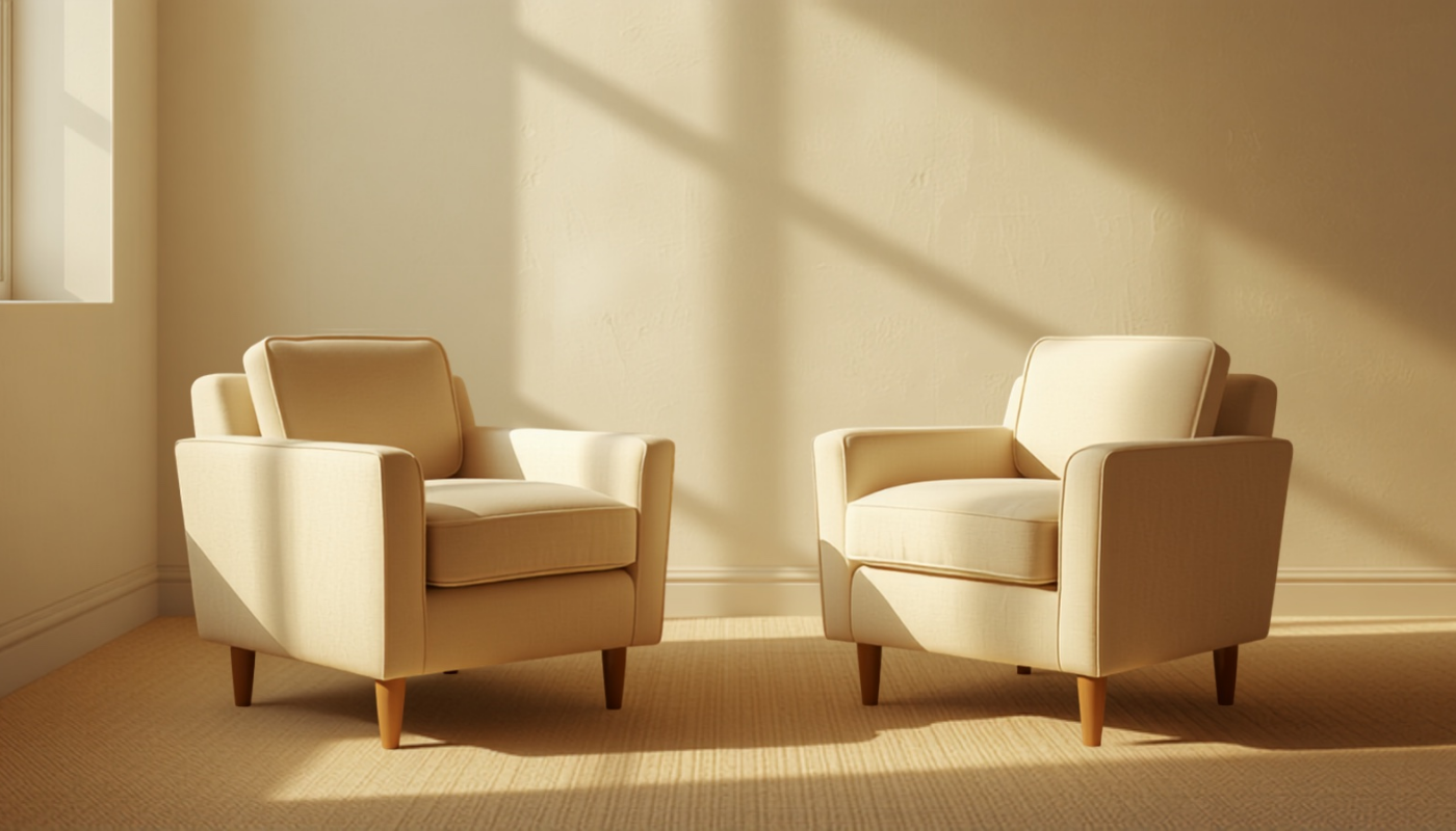 Two armchairs angled toward each other — an introduction is a welcome, not a pitch