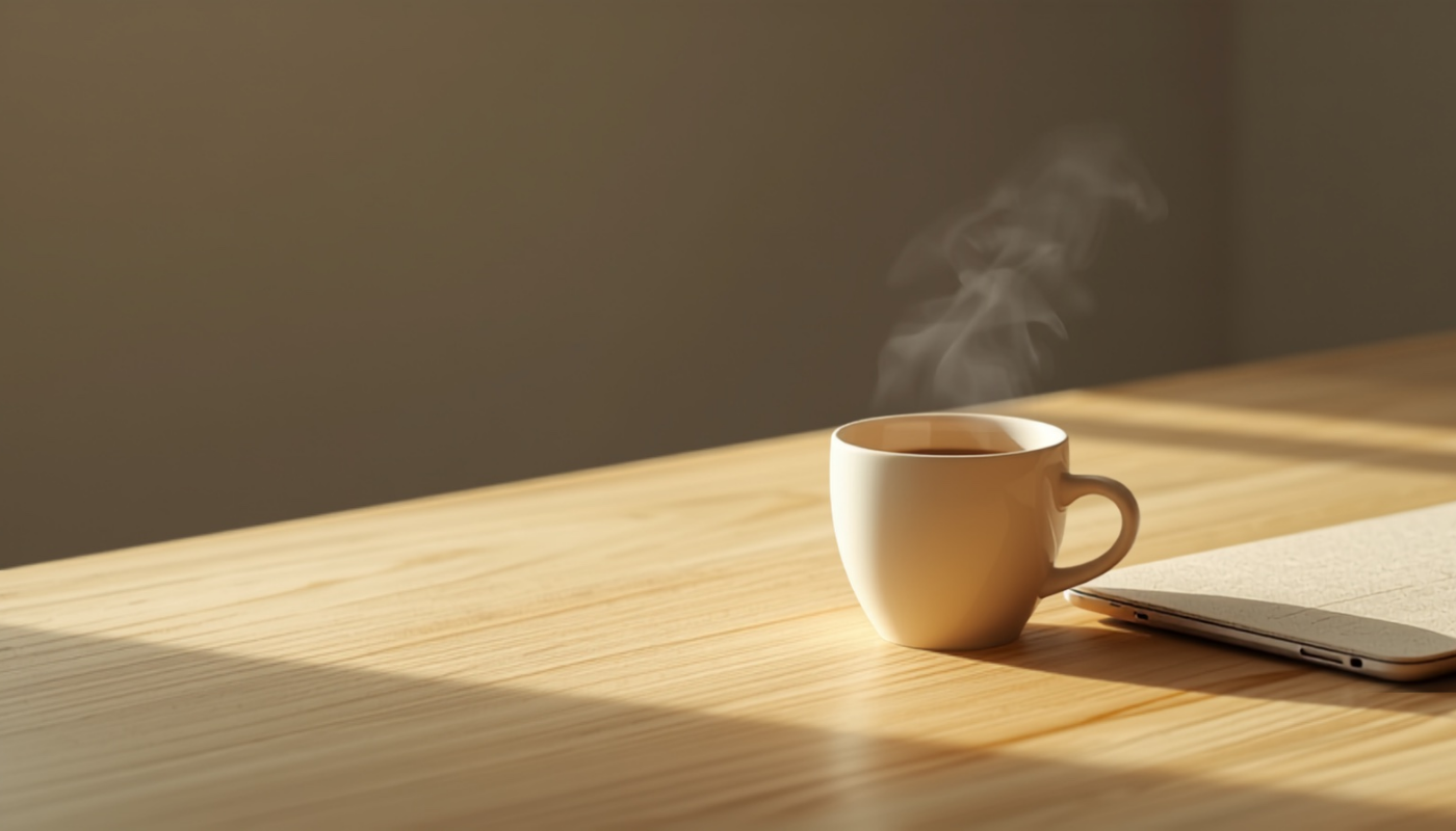 Coffee beside a closed laptop in morning light — a calm start before the call