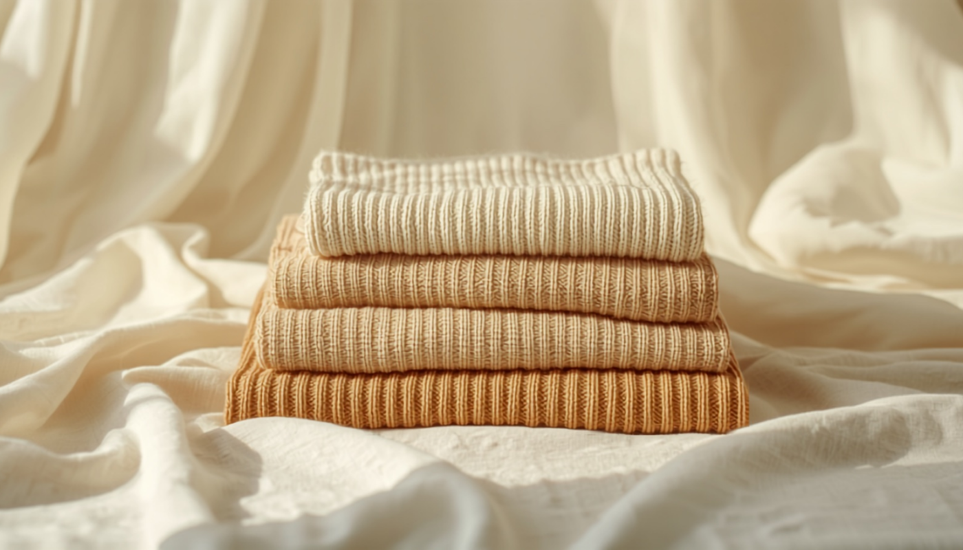 Folded knits in cream and camel — a calm on-camera wardrobe